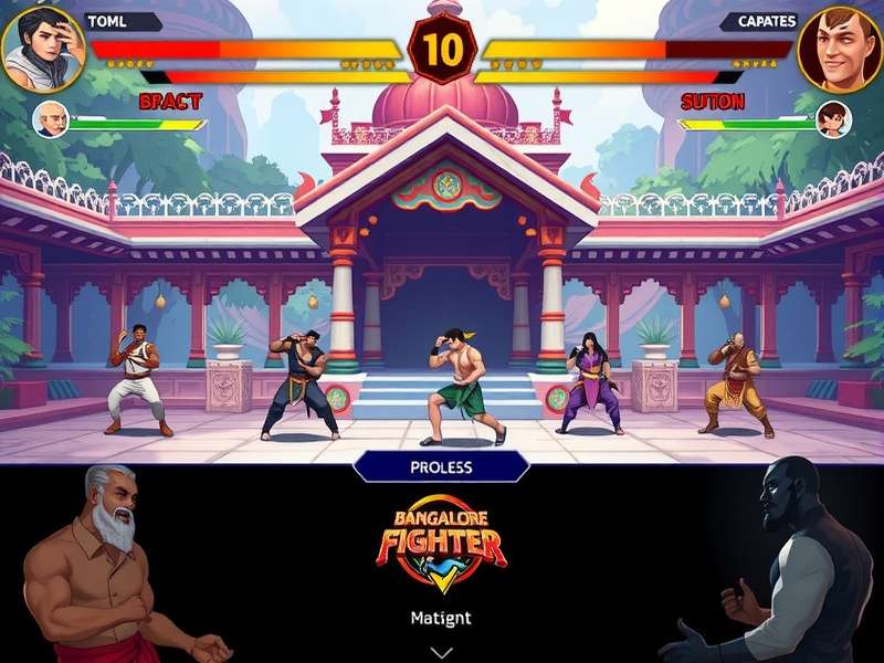 Bangalore Legend Fighter gameplay screenshot showing combat in an Indian temple setting